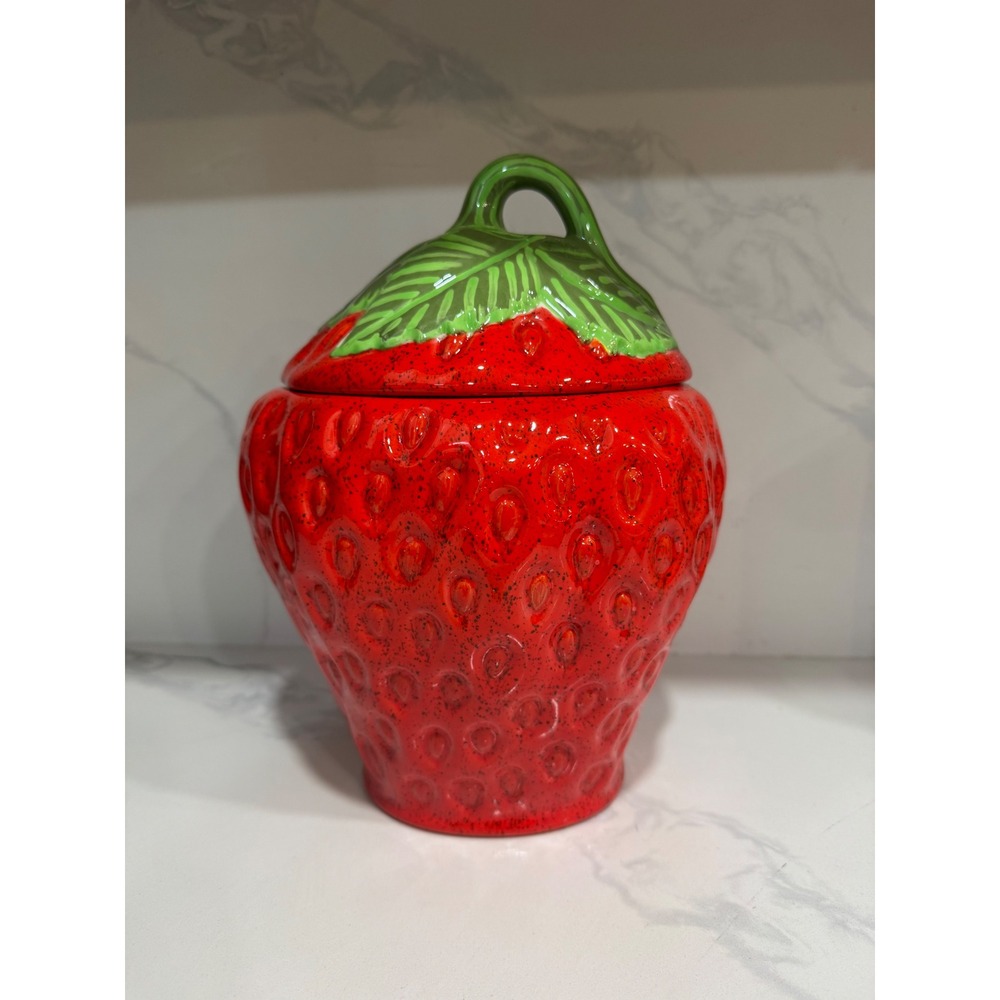 Vintage 1970s Ceramic Strawberry Cookie Jar Large 11" Tall With Lid